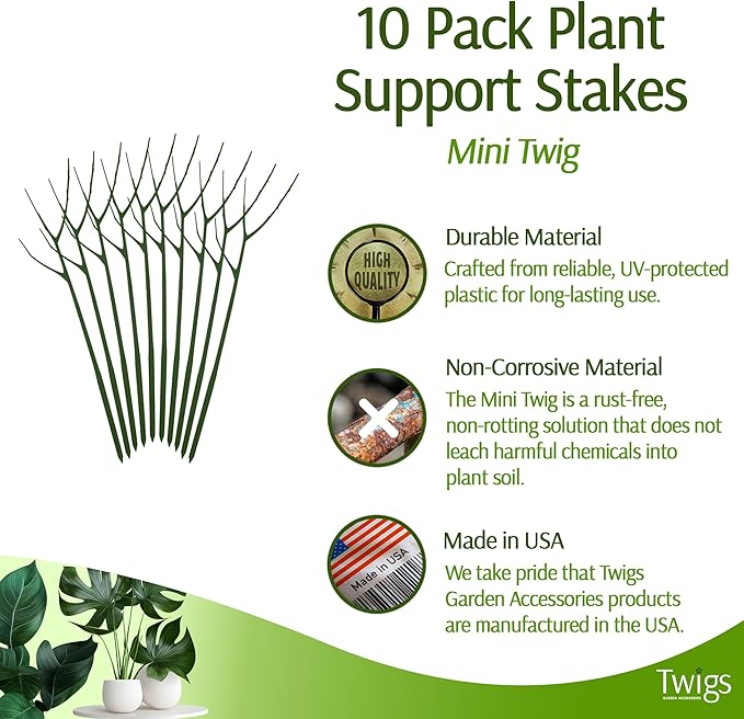 Mini Twigs Plant Support Stakes for Small Plants, Indoor & Outdoor Use, Gardening Supplies, Garden Accessories, Trellis & Ring Alternative - Monstera (Dark Green), 10 Pack, 12" L