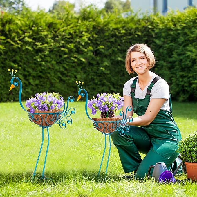 Set of 2 Blue Peacock Outdoor Planters with Basket, Metal Peacock Planter for Indoor Outdoor Garden Yard Decor