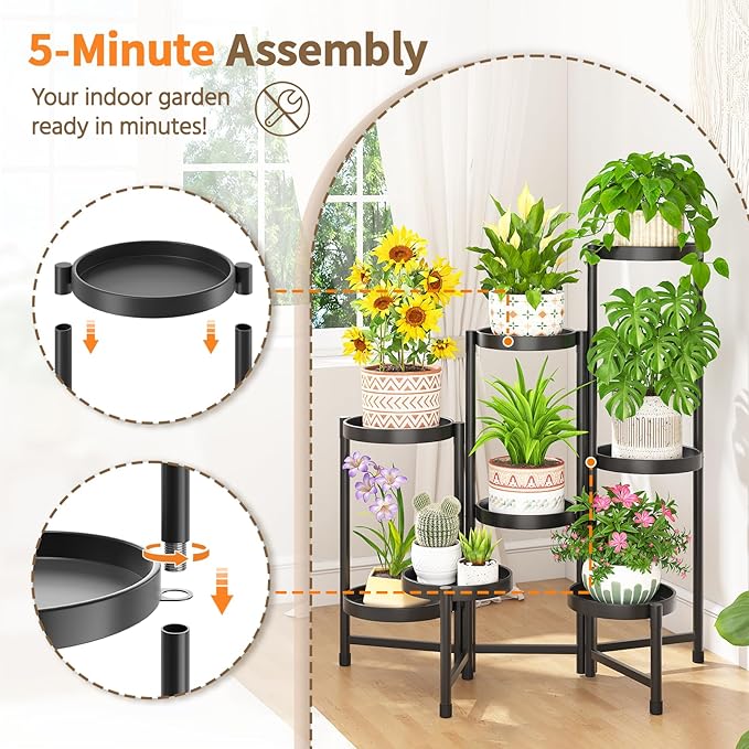 LASZOLA 8 Tiered Folding Tall Plant Stand Indoor for Multiple Large Planter, Heavy Duty Metal Adjustable Flower Rack for Narrow Corner, Sturdy Vertical Spiral Shelving Holder for Modern House, Black