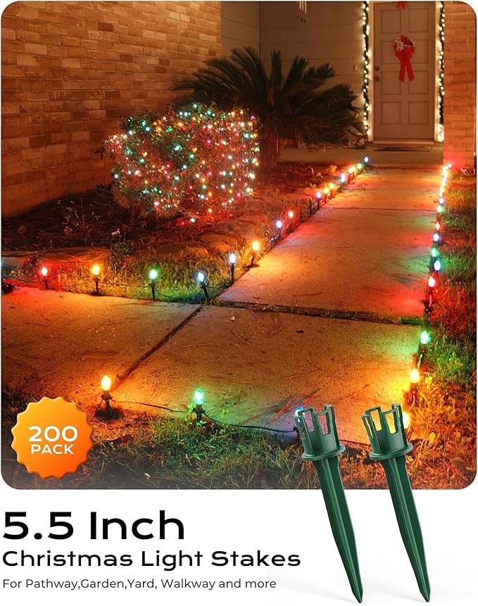 200-Pack Plastic Light Stakes, 5.5 Inch Christmas Yard Stakes for C7 C9 Christmas Lights Outdoor, Universal Light Stakes for Outdoor Holiday Lights, Green