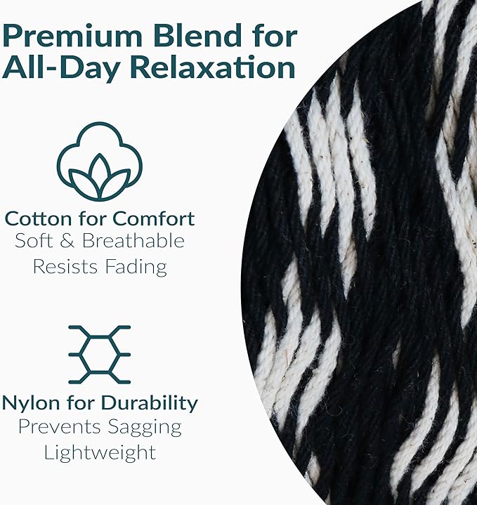 Sunnydaze Handwoven XXL Thick Cord Mayan Double Hammock for Outside - 625-Pound Capacity Heavy-Duty Outdoor Hammock - Black/Natural