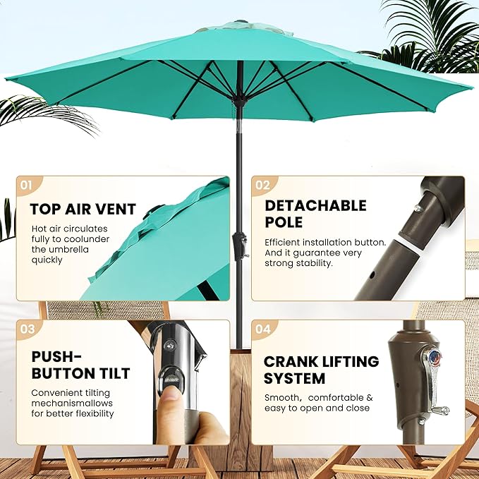 Ayge 9FT Large Outdoor Patio Umbrella Market Table Umbrella-UV Resistant, Easy Push Button Tilt and Crank, 8 Sturdy Fiberglass Ribs Heavy-Duty Pool Umbrella for Deck, Backyard,Garden,Turquoise