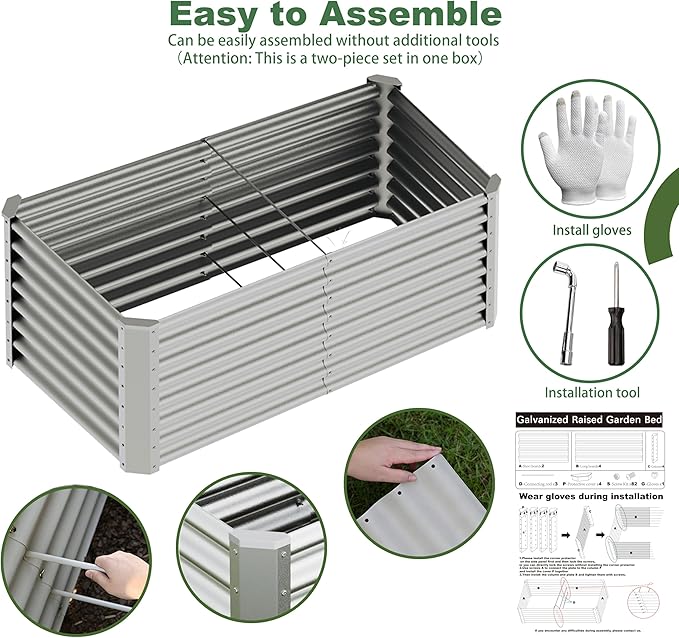 4x2x2ft(2 Pack) Raised Garden Bed Kit, Galvanized Planter Garden Boxes Outdoor, Metal Raised Garden Beds for Vegetables,Fruits, Flower,Silver