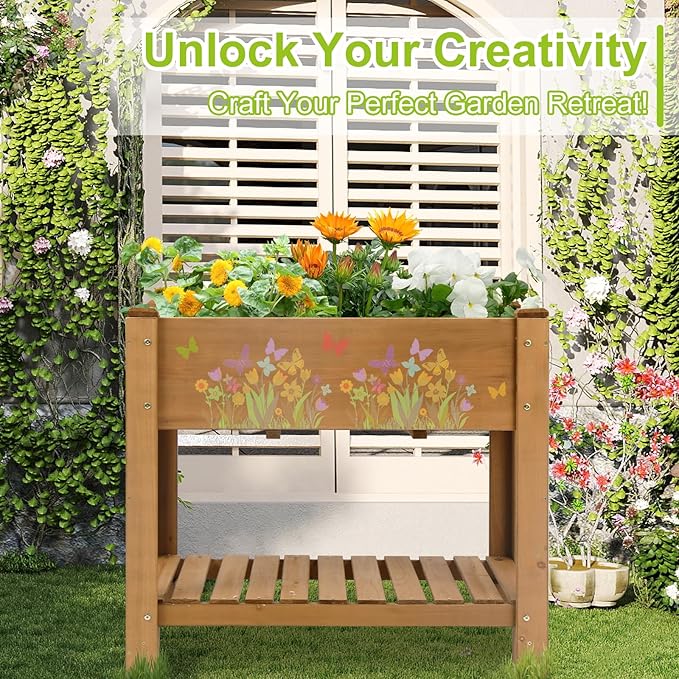 Raised Garden Bed with Legs - Elevated Wooden Planter Box, Durable Fir Wood, Reinforced Frame with Drainage Holes, Liner, and Storage Shelf for Vegetables, Herbs, Flowers, 33.5" x 18" x 30"