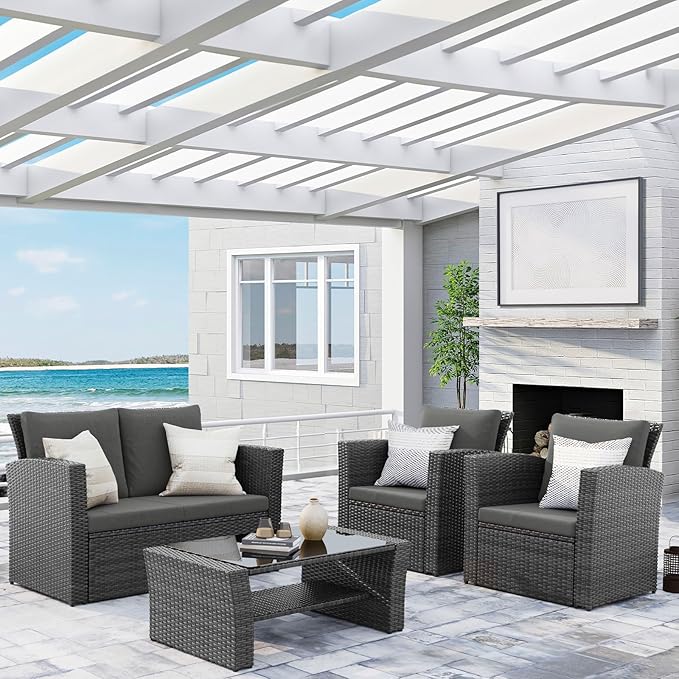 Wisteria Lane 4 Piece Patio Furniture Set, Wicker Outdoor Patio Conversation Furniture Set, All Weather Outdoor Patio Sofa with Cushion and Glass Table, Black