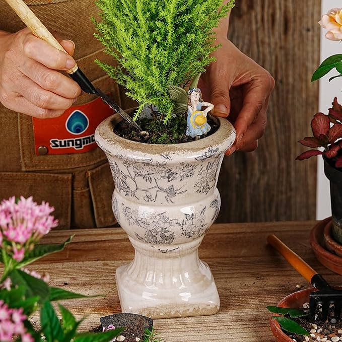 Sungmor Small Ceramic Urn Planter - Grey Scroll Floral Pedestal Flower Pot, Decorative Vintage Chinoiserie Style Planters, Tuscan Accent Vase Indoor Outdoor Plant Holder with Drainage