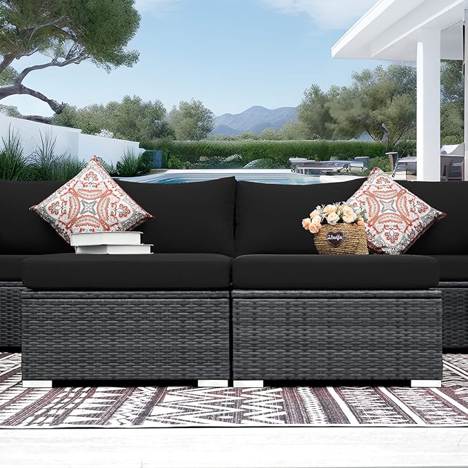 NICESOUL 8 Piece Outdoor Patio Set, 29.3'' High Back Extra Large Wicker Patio Furniture, Deep Seating Comfy L Shaped Modular Sectional Set of 8, Modern Wide Conversation, 2 Color Cushion Black & Gray
