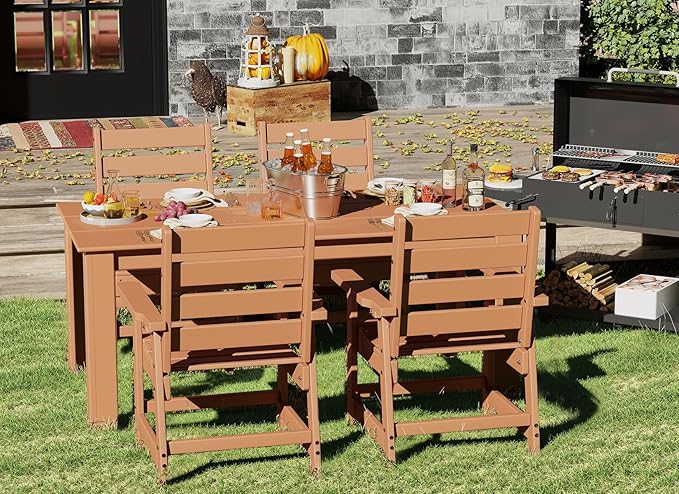 GREENVINES Outdoor Dining Table | 67’’ | HDPE | Rectangle Tables for 6 | All-Weather | Umbrella Hole | Patio Furniture | for Poolside Backyard Garden | Teak