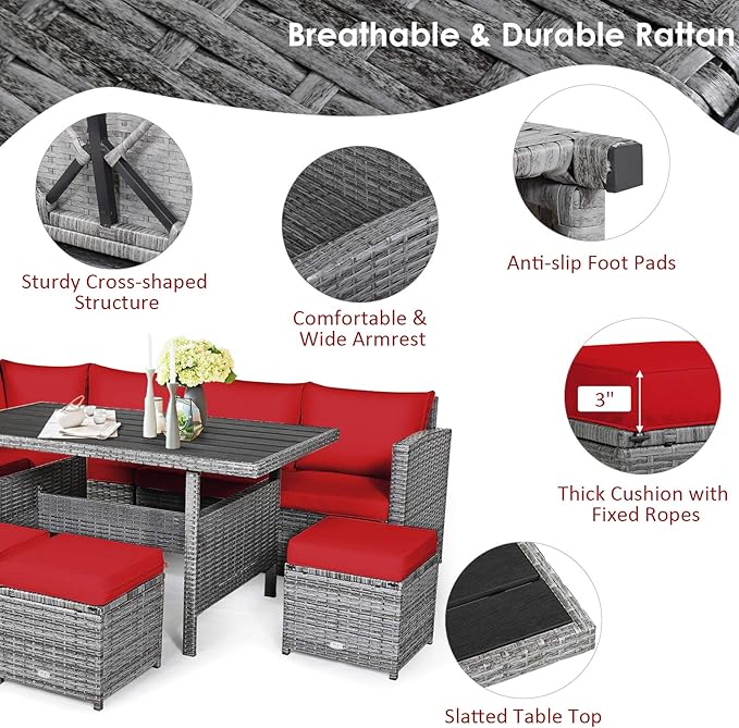 Tangkula 7 Pieces Patio Furniture Set, Outdoor Sectional Rattan Sofa Set with Cushions, All Weather Wicker Conversation Couch Set w/Dining Table & Ottomans for Backyard Garden Poolside