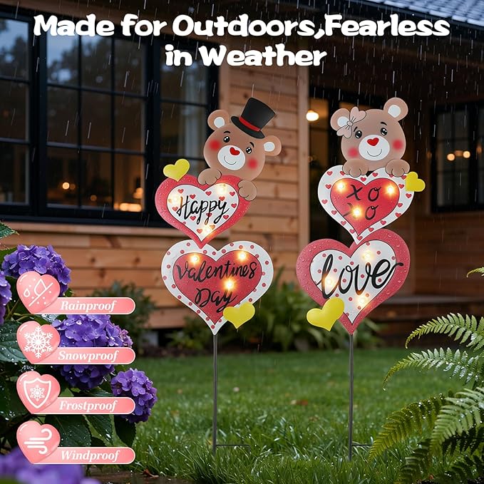 Lewondr 2 Pcs Valentine's Day Decorations Outdoor, Metal Solar Pathway Lights, Love Bear Decorative Garden Stakes Lights with 12 LED Beads, Waterproof Yard Signs for Porch Lawn Wedding Anniversary