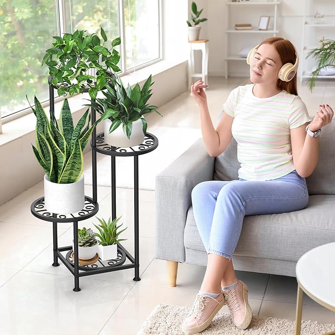 4 Tier Plant Stand Outdoor Indoor, Metal Flower Shelf Display Holder, Multiple Plants Corner Tall Flower Holders for Patio Balcony Porch Garden Living Room (Black)