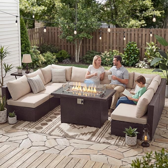 NICESOUL 9 Piece Modern Extra-Large Outdoor Patio Sectionals with Fire Pit Table Natural Gas & Propane, 29.3'' High Back Comfortable Conversations for Outside, Deep Seating Modular Sofa Couches, Tan