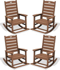 SERWALL Outdoor Rocking Chair Set of 4, Oversized HDPE Patio Rocking Chair with Footrest for Adults, All Weather Porch Rocker for Deck Patio Balcony, Brown
