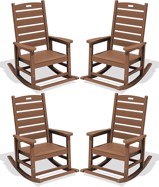 SERWALL Outdoor Rocking Chair Set of 4, Oversized HDPE Patio Rocking Chair with Footrest for Adults, All Weather Porch Rocker for Deck Patio Balcony, Brown