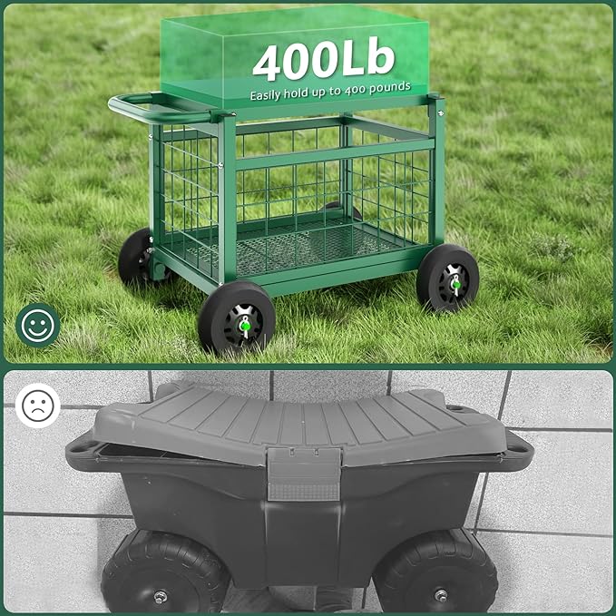 FLINTER Rolling Garden Work Seat with Wheels, Upgraded Heavy Duty Gardenning Cart with Seat - Garden Rolling Stools with Wheels for Seniors, Lawn, Patio & Backyard Gardening, Green