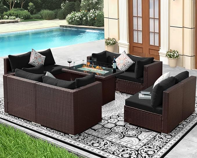 NICESOUL Large Size Patio Furniture Set with Fire Pit Natural Gas/Propane, 29.3'' High Backrest Luxurious Outdoor Modular Sofa Set, 9 Piece Heavy Duty Conversations, Brown Rattan and Black Cushion