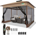COBIZI 13x13 Pop Up Gazebos On Clearance Canopy Tent- Upgrade Metal Outdoor Canopy Waterproof - Portable Gazebo with Mosquito Nettings, 4 Ropes 8 Stakes and Carry Bag for Patio Garden(Brown)