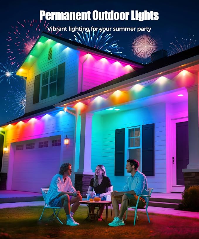 POOFZY Permanent Outdoor Lights for House,100ft RGB+IC Smart Outdoor Decor, 50 Scene Modes,App/Remote Control,IP67 Waterproof,for Christmas,Super Bowl,V-Day,Thanksgiving,Daily & Holiday Party Decor