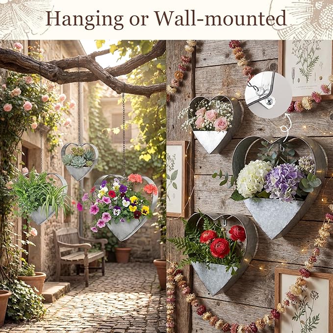 3 Pcs 3 Size Heart Metal Hanging Planter Indoor Outdoor, 13.4" 10.6" 7" Large Metal Plant Hangers Vintage Flower Pot with Hook Chain Drain Hole Gift for Gardener Women Mom Home Decor(Silver)