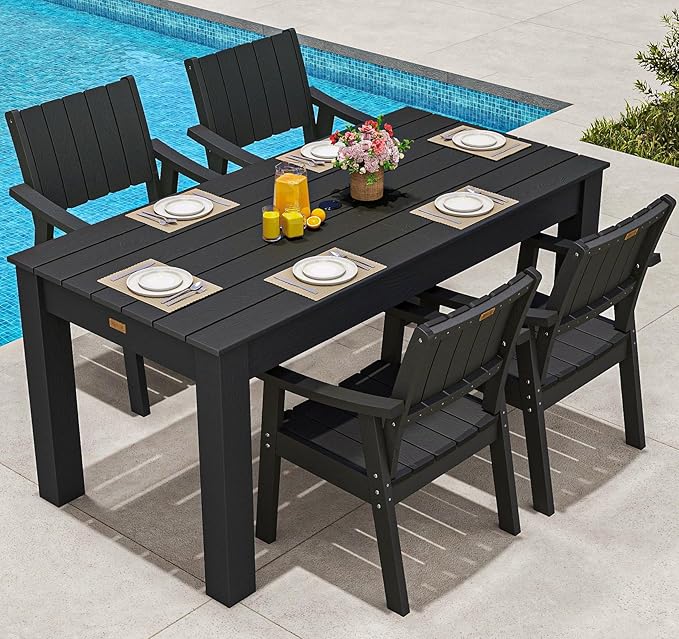 ZHUSI Patio Table and Chairs Set, Outdoor Table and Chairs,HDPE Outdoor Dining Set with Umbrella Hole for Backyard, Poolside, Porch (Black, 5 PCS)