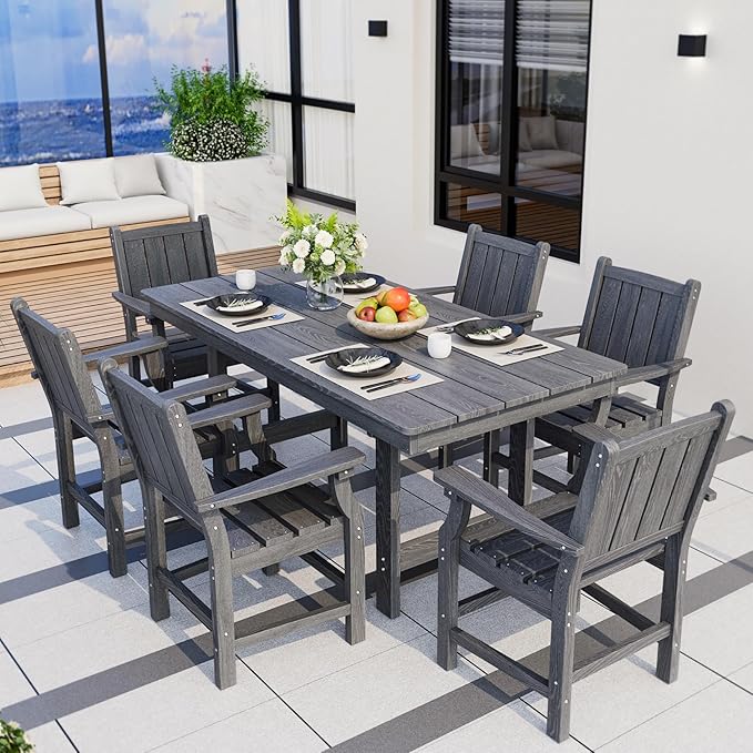 Pamapic 7 PCS Outdoor Dining Set, Spacious HDPE Outdoor Table and Chairs, Wood Grain Patio Furniture Sets with Elegant Armrest, All-Weather Outdoor Furniture with Umbrella Hole, Gray