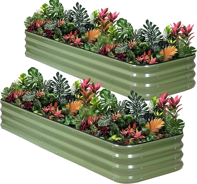 1MORE Raised Garden Bed -8X2X1 Galvanized Planter Box for Outdoor Gardening,5 in 1 Modular Raised Bed Kit with Protective Tape, Gloves for Herb,Ideal for Vegetables and Plants.Green-2pack