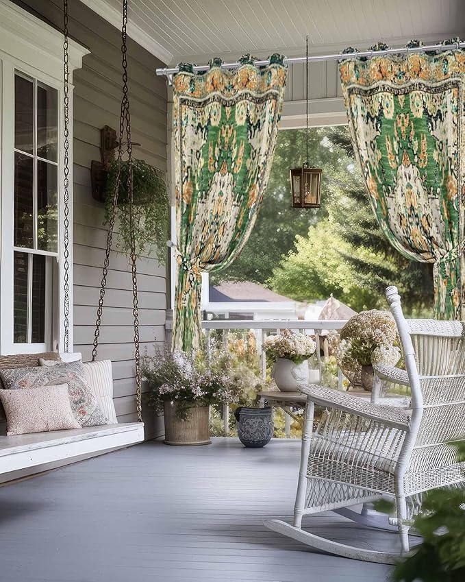 Ombre Green Boho Outdoor Curtains for Patio Waterproof, Grommet Privacy Curtain Drapes Weatherproof Outside Curtains for Porch GazeboPergola Cabana 1 Panel 54x95inch Vintage Ethnic Tribal Geometric