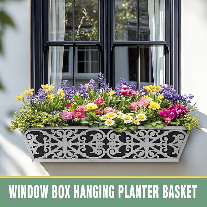 4 Pack 24 Inch Window Boxes Planter for Outdoor Plants Deck Railing Planters Box with Adjustable Brackets for Porch Fence Balcony Hanging Flower Baskets with Non-Woven Fabric Liner for Garden Decor