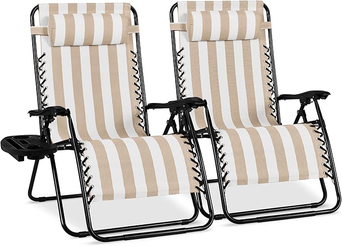 Best Choice Products Set of 2 Extra Wide Adjustable Steel Mesh Zero Gravity Lounge Chair Recliners w/Pillows and Cup Holder Trays - Tan Stripes