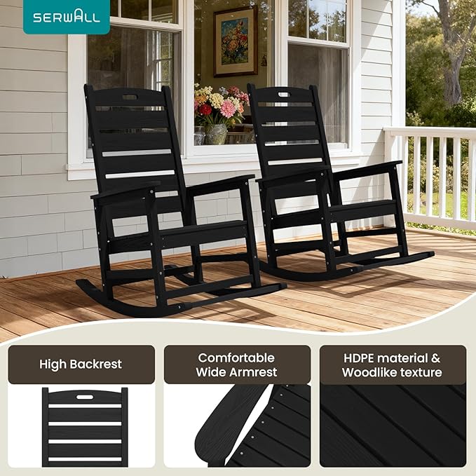 SERWALL Outdoor Rocking Chair Set of 2, Oversized Rocking Chair with Footboard for Adults, HDPE All Weather Resistant Rocking Chairs for Patio, 350lbs Weight Capacity, Black