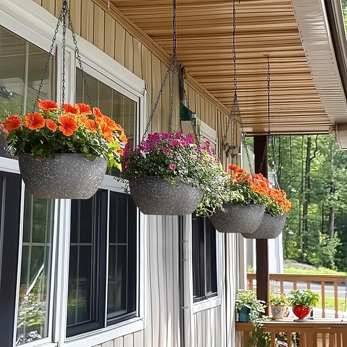 T4U Hanging Planters for Indoor Outdoor Plants 2 Pack - 12 Inch Grey Hanging Plant Basket with Drainage Hole, Round Hanging Flower Plant Pot for Garden Home Decor(Grey)