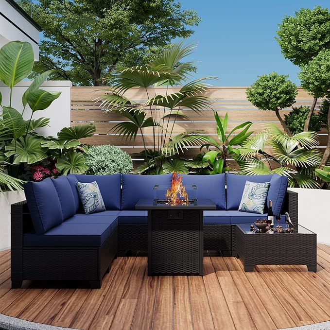 8-Piece Patio Furniture Set with 50,000 BTU Fire Pit Table - Wicker Outdoor Sectional Sofa Set for Backyard Deck Garden (Brown/Blue)