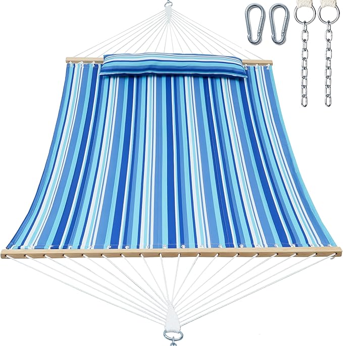 Double Quilted Fabric Tree Hammock with Spreader Bar, 12ft Hammocks 2 Person for Outside, Fits 11ft -13ft Hammock Stand, Large Pillow, Side Pocket & Carabiner, Max 475 lbs Capacity (Ocean Blue)