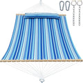 Double Quilted Fabric Tree Hammock with Spreader Bar, 12ft Hammocks 2 Person for Outside, Fits 11ft -13ft Hammock Stand, Large Pillow, Side Pocket & Carabiner, Max 475 lbs Capacity (Ocean Blue)