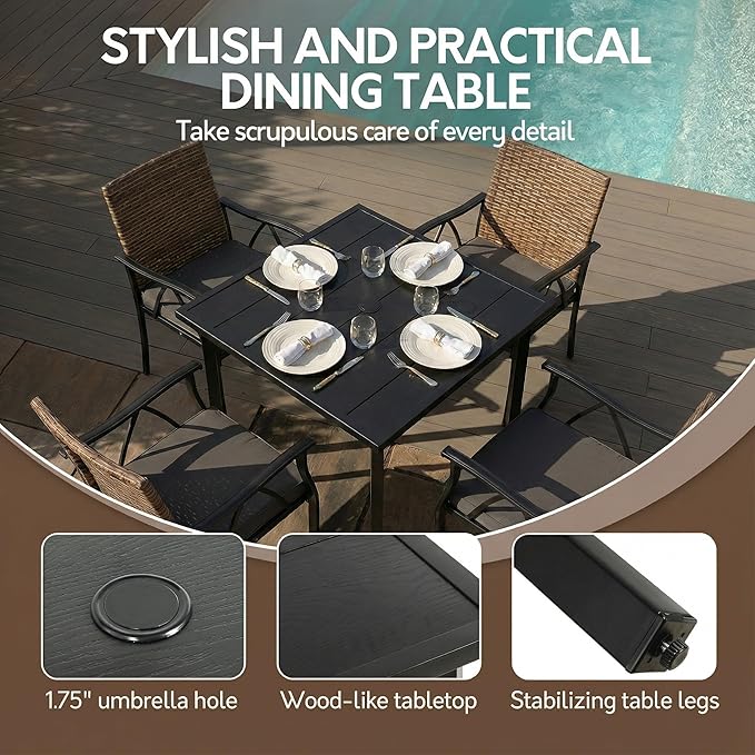 5-Piece Patio Dining Set for 4, Outdoor Dining Set with 4 Wicker Patio Dining Chairs with Cushions & 1 Black Square Woodgrain Dining Table with 1.75" Market Umbrella Hole, Black & Brown