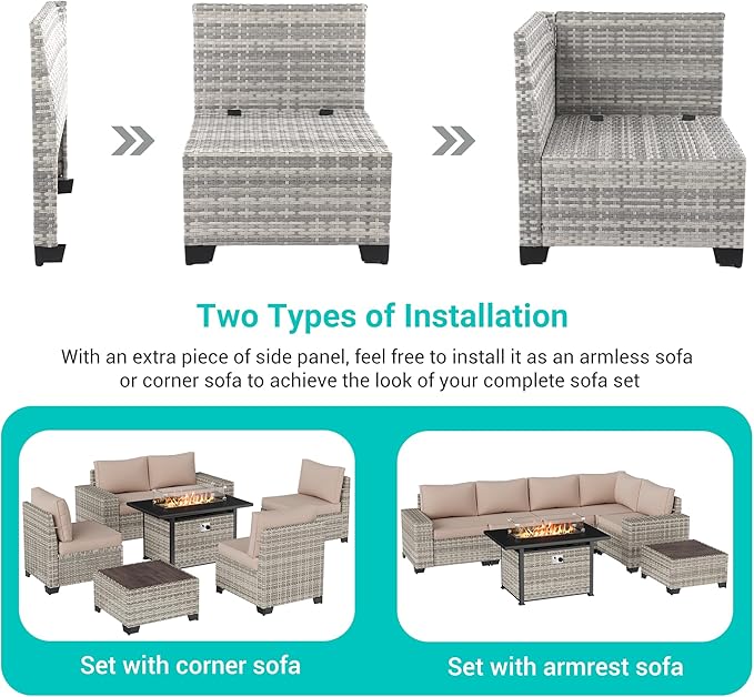 7-Piece Outdoor Patio Furniture Set with 55,000 BTU Fire Pit Table, PE Wicker Rattan Sectional Sofa Patio Conversation Set with Thickened Cushions & Coffee Table, Sand