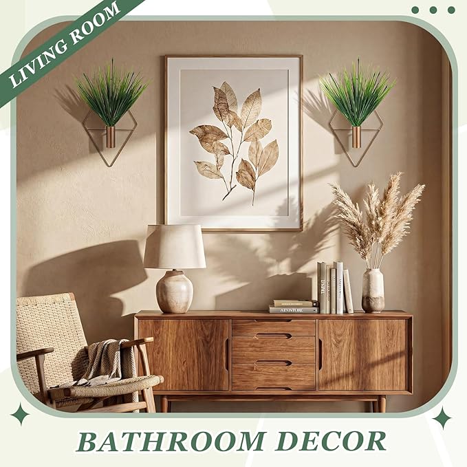 4 Pieces Bronze Wall Decor Hanging Planters with Artificial Aquatic Plants Metal Hanging Vase Indoor Plants Holder Modern Boho Wall Art for Bathroom Bedroom Living Room Decor