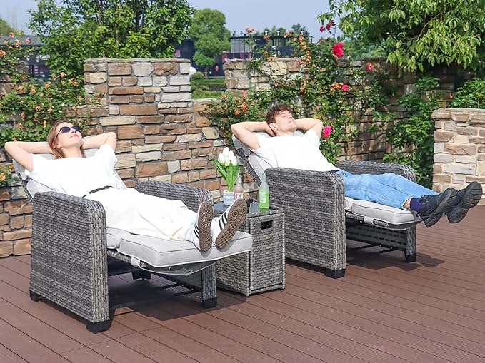 Restland Outdoor Recliner with Independent Adjustable Back & Footrest Wicker Patio Reclining Chair with Flip Table Comfortable Lounge Chair & Thick Cushion for Deck, Porch (3 Piece, Grey)