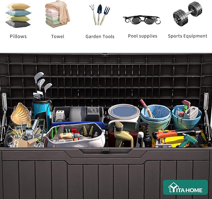 YITAHOME 80 Gallon Outdoor Storage Box, Large Water Resistant Resin Deck Box, Indoor Outdoor Lockable Storage Container for Patio, Garden, Cushions, Tools, Equipment (Dark Brown)