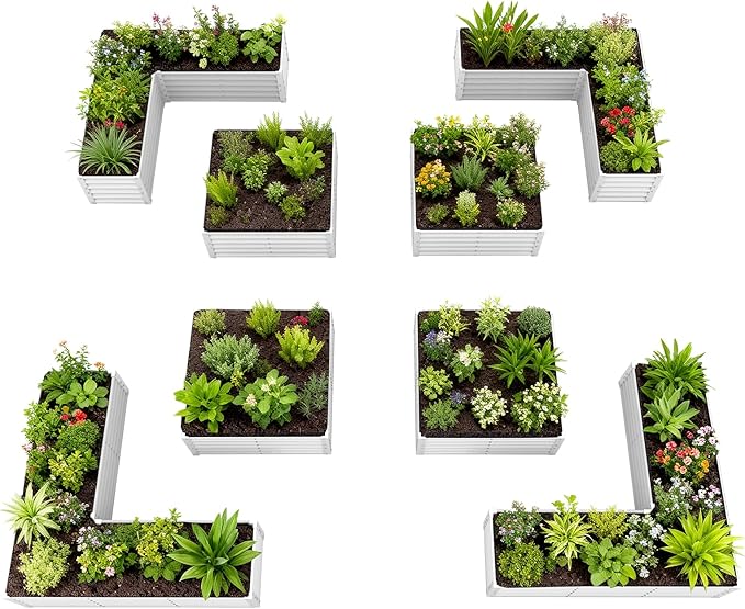 A ANLEOLIFE Set of 8, 18 Inch Tall Antique White Raised Garden Beds Kit, L-Shaped & Square Metal Planters – Ideal for Structured Backyard Layouts