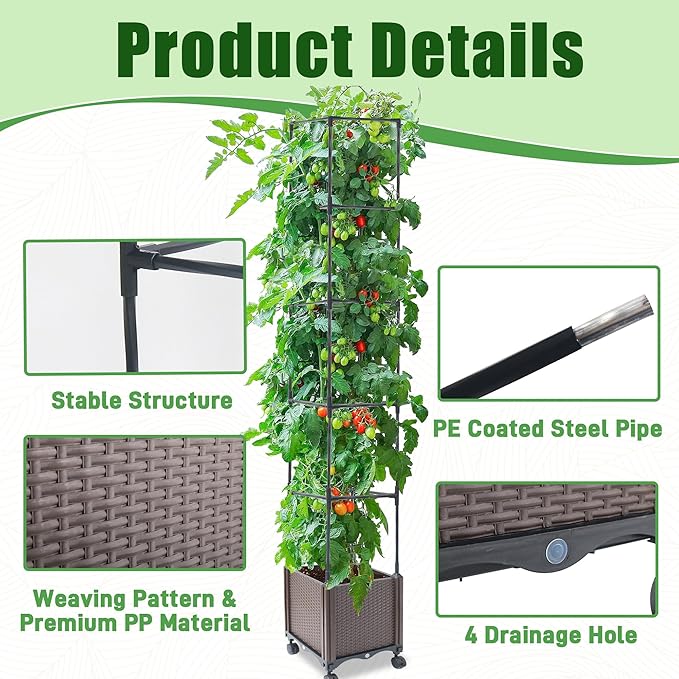 Raised Garden Bed Planter Box with Trellis, 62.2" Self-Watering Tomato Planters for Climbing Plants Vine Flowers Outdoor Patio, Tomatoes Cage with Trellis Wheels for Outdoor, 1Pack