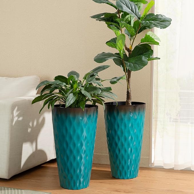 Glitzhome 23.75" H Oversized Tall Planter, Set of 2 Wavy Texture Turquoise Large Planters for Outdoor Plants, with Drainage Hole, Plastic Large Flower Pots for Porch,Garden, Patio or Indoor Use