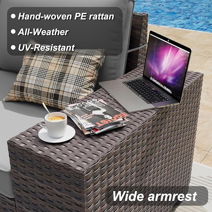 ALAULM 6 Pieces Patio Furniture Set, Oversized Seat/Armrest and High Back Wicker Sectional Furniture Set with Thick Cushion for Backyard, Garden, Grey