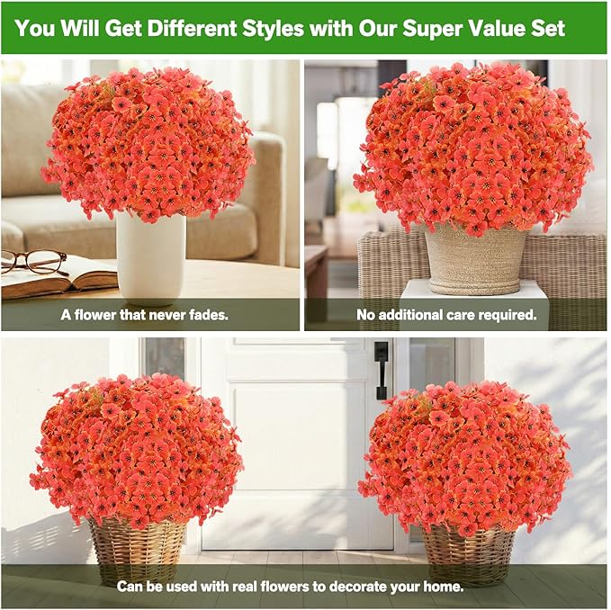 Artificial Flowers for Outdoor,Silk Flowers No Fade Fake Plastic Flowers UV Resistant Faux Plants for Outdoors Outside Front Porch Hanging Planter Window Box Garden Home Decoration,13 Bundles(Orange)