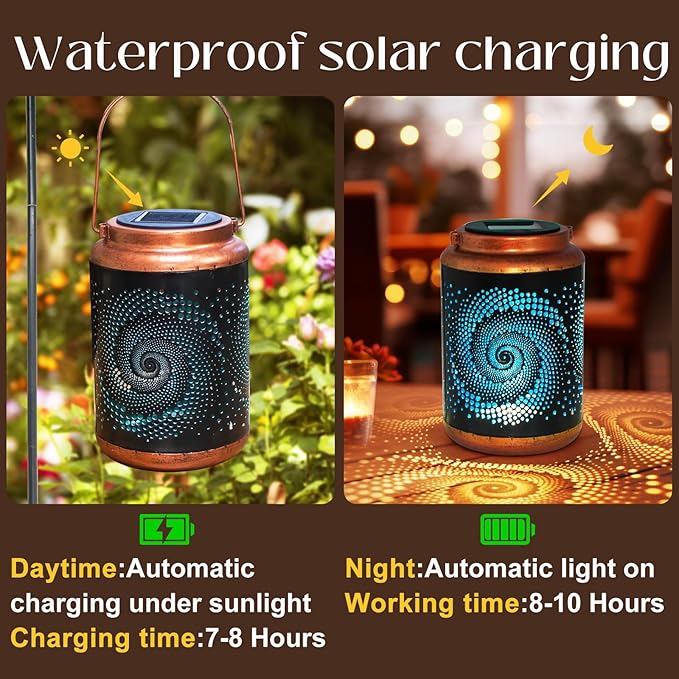 2 Pack Solar Lanterns Outdoor Hanging Metal Waterproof LED with Solar Powered Garden Patio Decorations Decor with Handle Christmas Gift Idea