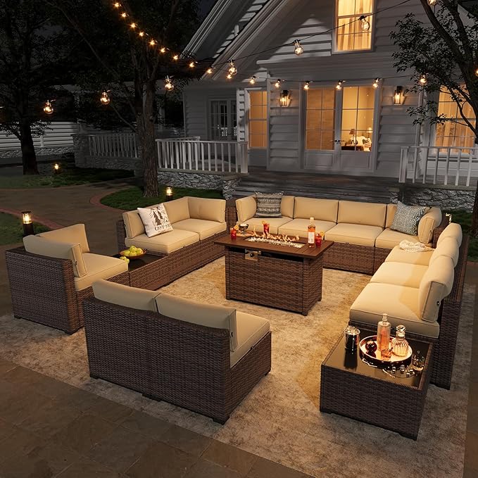 Aoxun Patio Furniture Sets, 15-Piece Outdoor Patio Furniture with 44'' Propane Gas Firepit Table, Wicker Outdoor Conversation Set Sectional Sofa for Backyard, Poolside, Garden