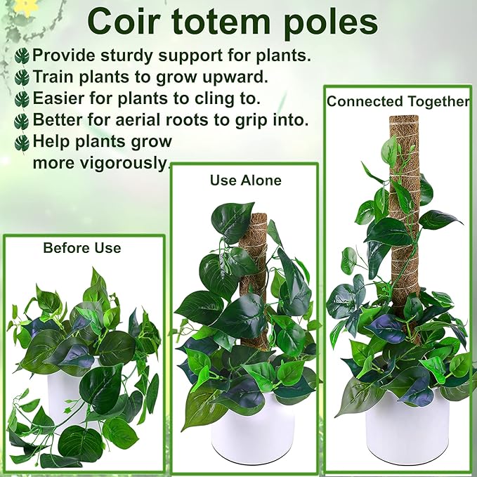 Moss Pole 47.5 Inch - Monstera Plant Support, 4 Packs 16 Inch Plant Stakes for Indoor Plants Coco Coir Moss Pole Sticks for Climbing Potted Live Plants, Pothos, Philodendron, with Garden Ties