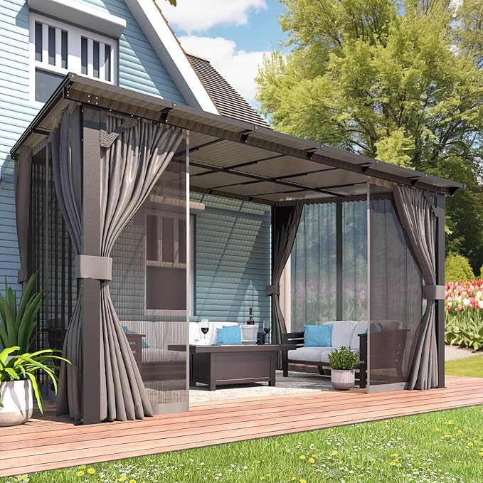 AECOJOY Wall Gazebo 12’ x 10’ with Curtains and Mosquito Netting, 10'x12' Hard Top Gazebos Pergola on Clearance, Outdoor Patio Lean to Gazebo Canopy Awnings for Deck, Porch, Backyard and Outside