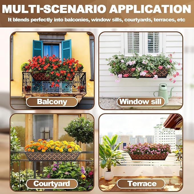 24 Inch Window Box Planters Outdoor,Deck Railing Planter Boxes with Coco Liner,Metal Hanging Window Flower Boxes for Balcony Fence Porch Garden Railing