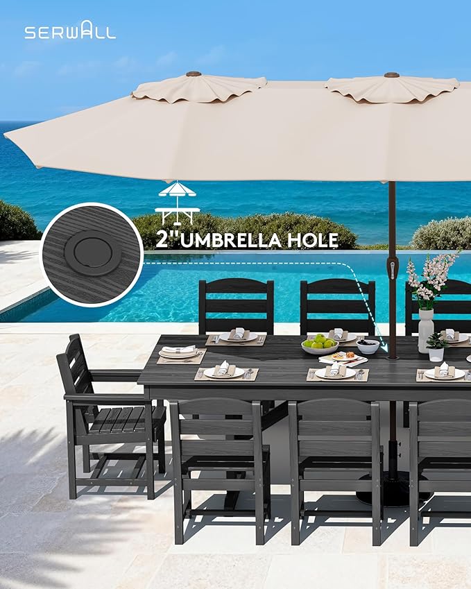 SERWALL 11 Piece Outdoor Dining Set, 84" HDPE Outdoor Table and Chairs for 10，All Weather Patio Furniture Set with Umbrella Hole for Backyard, Garden, Black